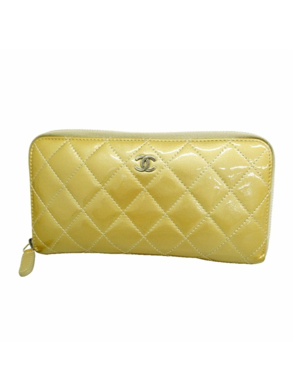 Chanel Wallet Quilted Patent Leather Beige Silver